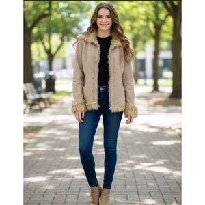 Mudd Jeans Vintage Suede faux Fur Trim Hooded Jacket Tan Embroidered Y2K Small